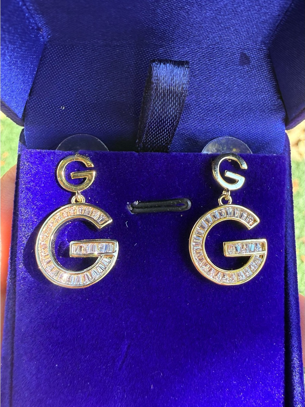 Gold Letter G Drop Earrings with Crystal Accents - Women's Jewelry